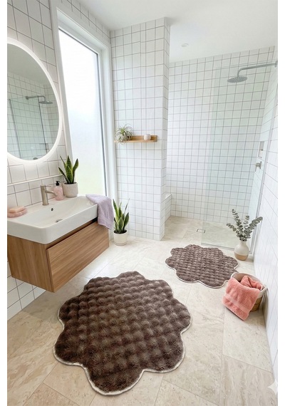 Bubble Papatya Banyo Paspası 2'li Set Pofuduk Yumuşak Peluş Kaymaz Taban Dekoratif Banyo Halısı Antrasit