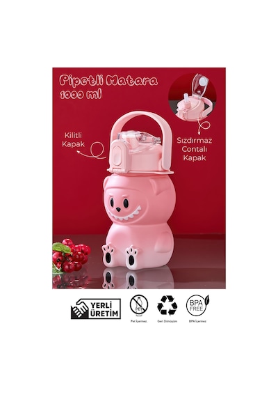 Labubu Suluk - 1000 Ml Taşınabilir Kulplu, Pipetli, Bpa Sız, Kilitli Ve Sızdırmaz Kapak - Pembe Pembe