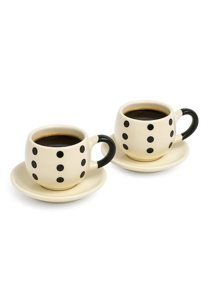 Dekorasyaa Duble 2'li Seramik Kahve Fincan Takımı - 150ml - Puantiye Desenli Beyaz - Siyah