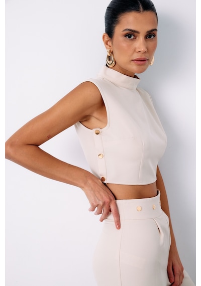 Sateen Çıt Çıt Detaylı Crop Bluz - Bej-134918 BEJ