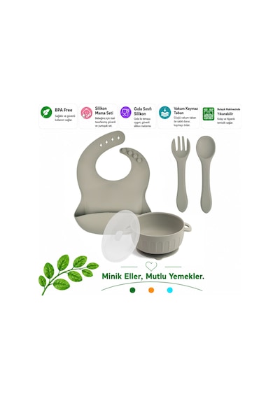 Silikon Beslenme Seti Silikon Vakumlu Kapaklı Mama Kasesi , Silikon Önlük, Çatal Ve Kaşık / Gri