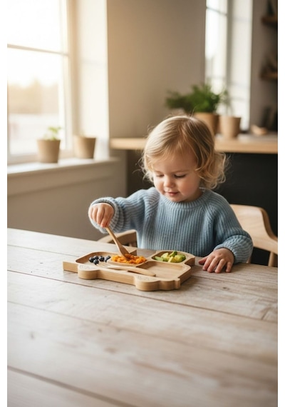 Tren Figürlü Bambu Bebek Mama Seti Bölmeli Tabak + Kaşık Çatal Seti Bej