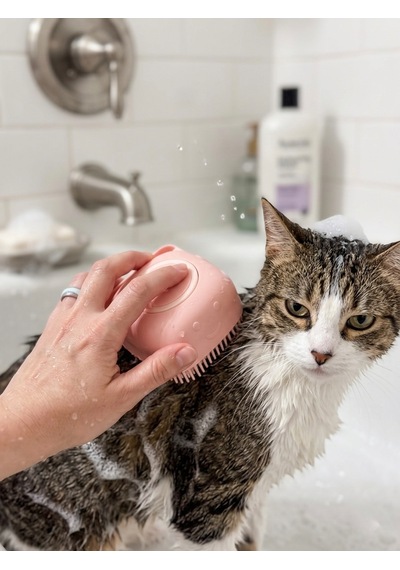 Şampuan Hazneli Kedi Köpek Yıkama Fırçası - Pembe Yumuşak Silikon Masaj Aparatı