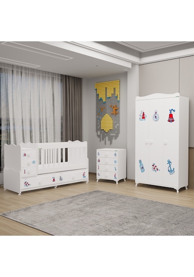 Melina Bebek Odası Yıldız 3 Kapaklı Ve Şifonyer - Denizci Beyaz