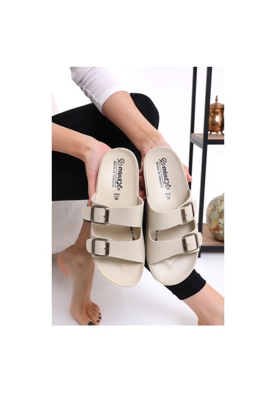 Mlx 10651 Çift Toka Kadın Terlik Comfort Anatomik Kadın Ev Dışarı Terliği Bej