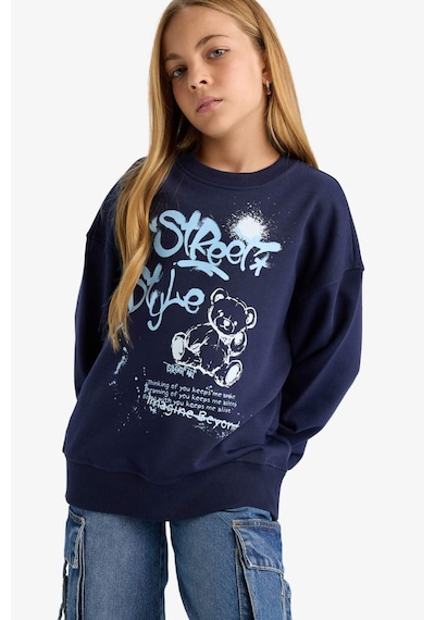 Defacto Kız Çocuk Oversize Geniş Kalıp Bisiklet Yaka Baskılı Sweatshirt E6755a825aunv241 Lacivert