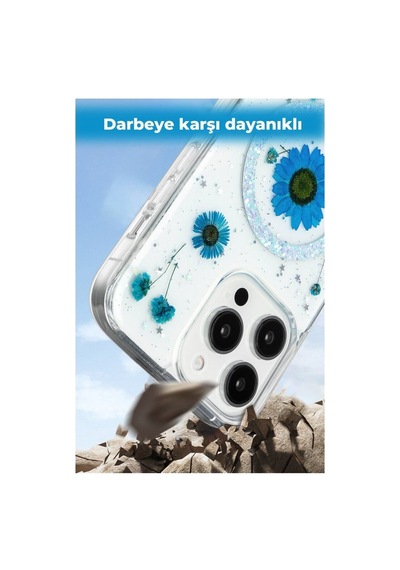 Apple İphone Uyumlu 15 Plus Kılıf Gerçek Çiçekli Simli Magsafe Support Kapak - Siyah