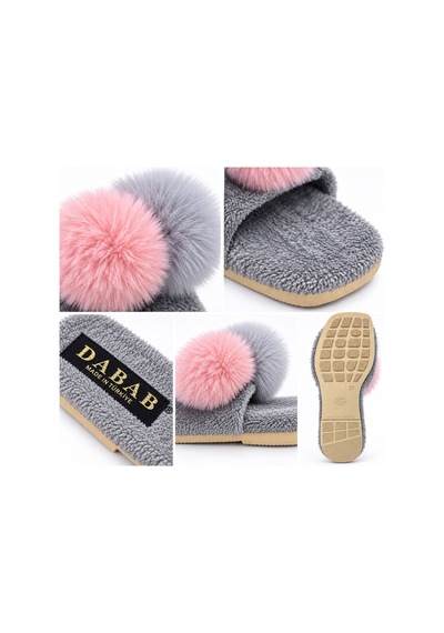 Dabab Shoes Pomella Kadın Gri Çift Ponponlu Peluş Bantlı Kaymaz Tabanlı Önü Açık Ev Terliği