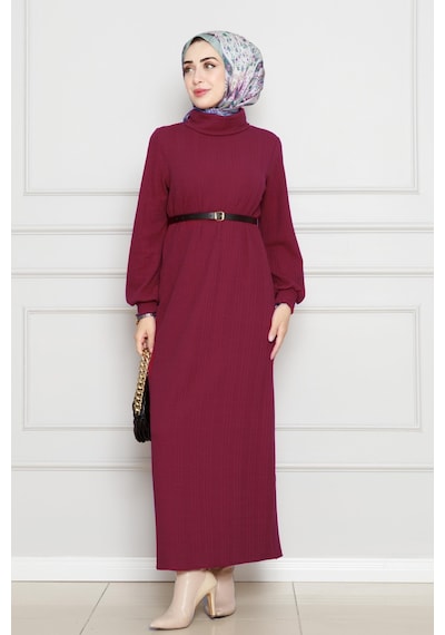 Sevitli Balıkçı Yaka Kemerli Elbise-bordo-4553 Bordo