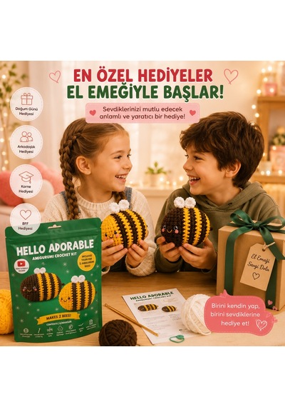 Bakgelal Hello Adorable Amigurumi Arı Yapım Kiti 2 Adet Bff Kendin Yap Hobi Seti, Türkçe Anlatımlı