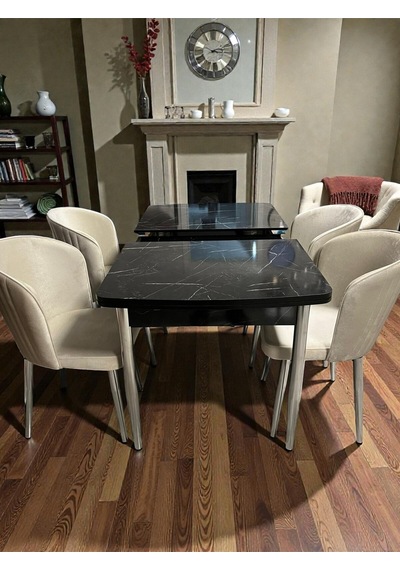 Msy Home 4 Kişilik Exclusive Kelebek Black Marble Krom Ayaklı Modern Yemek Odası Grubu 050922 Bej
