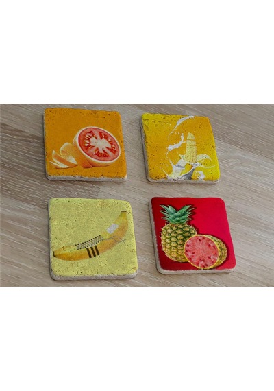 İlüstrasyon Meyve Manipülasyon Doğal Taş Bardak Altlığı 4'lü Set - Natural Stone Coasters - Taş Çok Renkli