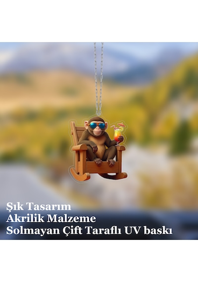 Araba Ayna Süsü, Araba Süsü, Çanta Aksesuarı - Keyifli Maymun - Pleksi Malzeme, Uv Baskılı - 037 8x6 Cm