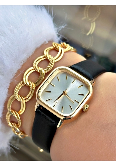 Özel Kare Classic Tasarım Metal Kasa Vintage Modeli Kadın Kol Saati-bileklik Hediyeli Sarı