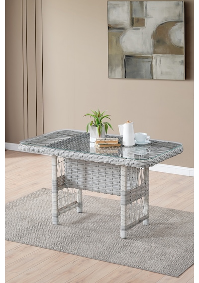 Paris Rattan Puflu Bahçe Balkon Takımı 3+1+1 Cam Masalı Gri