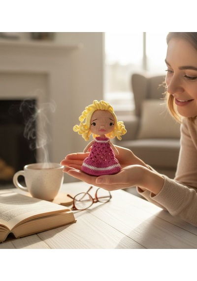 El Yapımı Mini Amigurumi Bebek %100 Pamuk Çocuklar İçin Şirin Oyuncak Sarı - Pembe