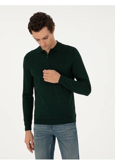 Cacharel Zümrüt Regular Fit Yün Karışımlı Fermuarlı Polo Yaka Basic Triko Kazak Yesıl
