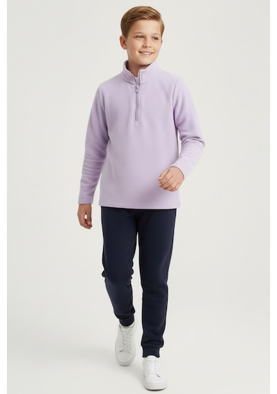 Erkek Çocuk Uzun Kollu Mor Dik Yaka Yarım Fermuarlı Polar Üst-sweatshirt - Erkek Çocuk Polar Lila