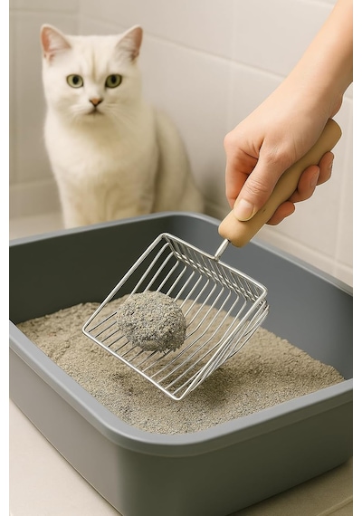 Lexroo Metal Kedi Kumu Küreği Ahşap Saplı Dayanıklı Izgaralı Kedi Tuvaleti Temizleme Küreği