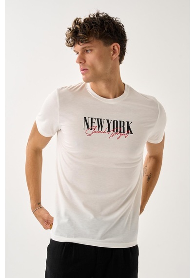 Oversize Bisiklet Yaka Baskılı T-shirt Beyaz