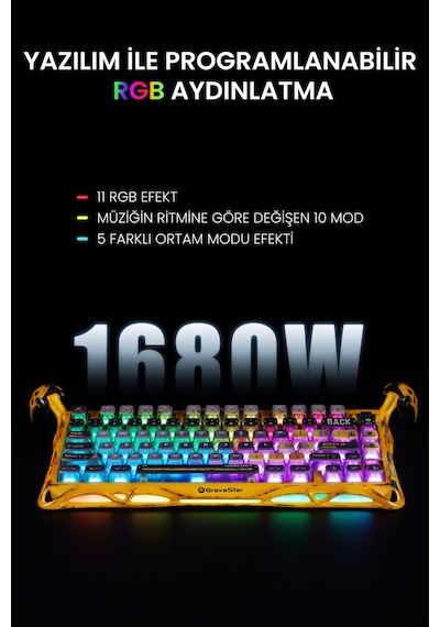 Gravastar Mercury K1 Pro Rgb Kablosuz Mekanik Gaming Klavye, Alüminyum Çerçeveli, İngilizce Q, Speci