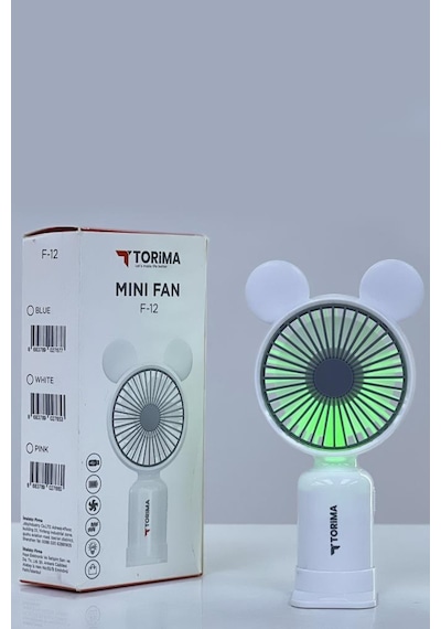Torima F-12 Beyaz Mini Taşınabilir Fan Şarjlı 2 Kademeli Ledli Ayıcık Kulak Vantilatör Klima Soğutucu Fan