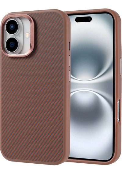 Apple Uyumlu iPhone 16 Plus Kılıf M-safe Şarj Özellikli Karbon Fiber Görünümlü Zore Troy Kapak Desert Titanyum