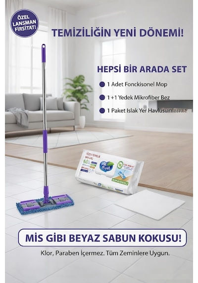Fonksiyonel Mop Seti 1+1 Mikrofiber Bez + 48 Li Islak Yer Havlusu Hepsi Bir Arada Temizlik Seti