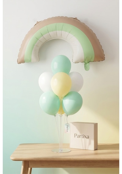 Retro Gökkuşağı Yeşil Balon Stand Seti Şeffaf 7 Li Stand + Retro Gökkuşağı Yeşil Folyo Balon 81 44 Cm + 7 Lateks Balon