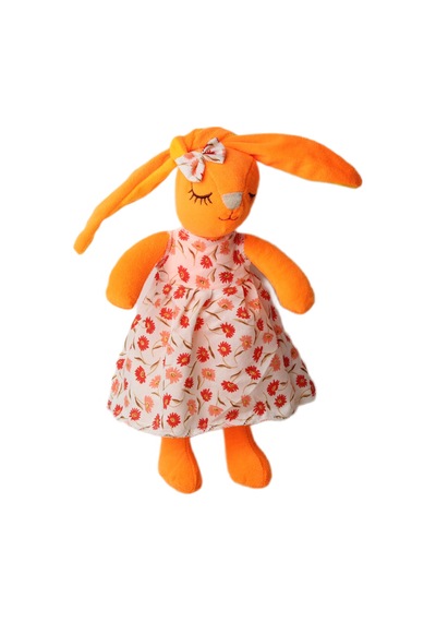 İthal Kumaş Uzun Kulaklı Renkli Kıyafetli Sevimli Tavşan Peluş Oyuncak Uyku & Oyun Arkadaşı 30 Cm. Turuncu