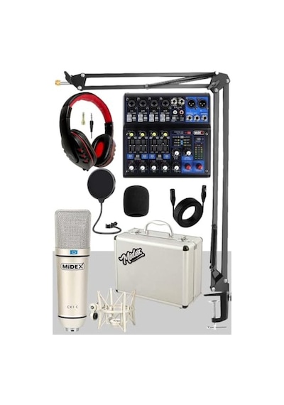 Midex Mix Paket-4 Stüdyo Youtuber Podcast Kayıt Ekipman Seti Cx1 Mikrofon Mdx-06fxu Mixer