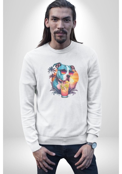 Tatil Köpek Soğuk Kokteyl İçeçek Unisex Beyaz Baskılı Sweatshirt Beyaz
