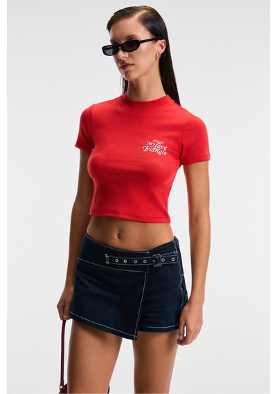 ETHIQUET MIREZA Kadın Baskı Detaylı Slim Fit Kısa Kollu Yuvarlak Yaka Kırmızı T-Shirt