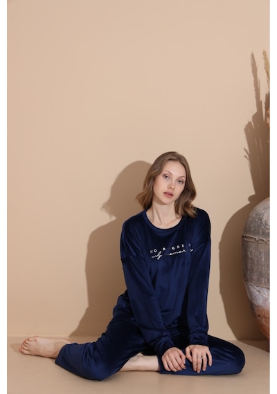 Lukitus Kadife Uzun Kol Kadın Pijama Takımı Lacivert