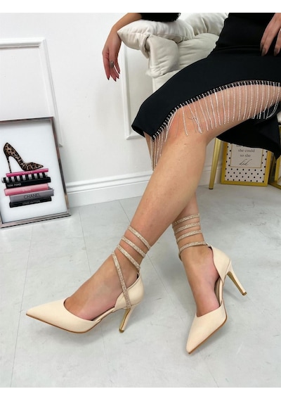 Ervanın Butiği Bej Saten Brice Taş Detay Bilek Bağlamalı Kadın Stiletto-4208