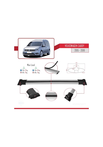 Volkswagen Caddy 2015-2019 Arası İle Uyumlu Fly Model Ara Atkı Tavan Barı Gri 3 Adet Bar