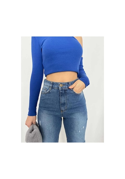 Kene Jeans Yüksek Bel Mavi Çift Diz Lazer Yırtık Mom Jeans Mavi