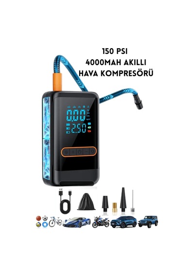 Lcd Ekranlı 150 Psı Şarjlı Hava Kompresörü Led Işıklı, 4000mah, Araç Ve Bisiklet Şişirici
