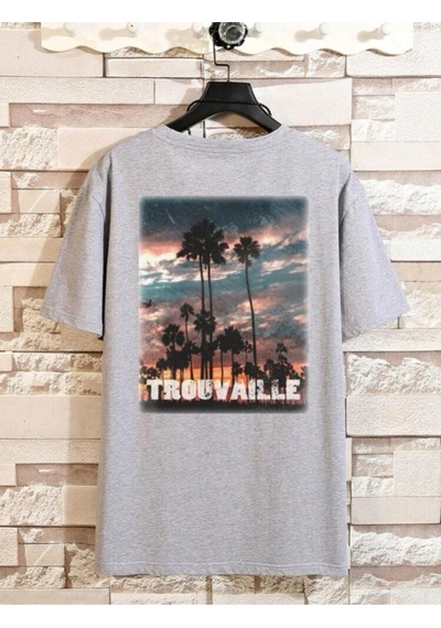 Unisex Gri Oversize Trouvaille Baskılı T-shirt Gri