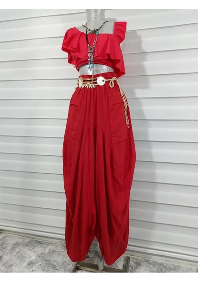 Bohem Stil İtalyan Cepli Keten Şalvar Pantolon Cmn00154 Kırmızı