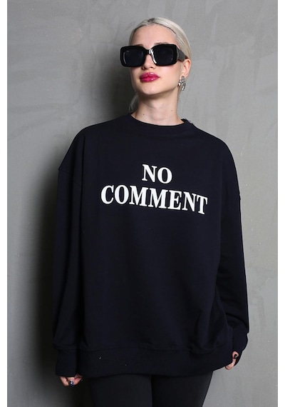 Madmext Siyah Bisiklet Yaka Baskılı Oversize Kadın Sweatshirt Mg1902 Siyah