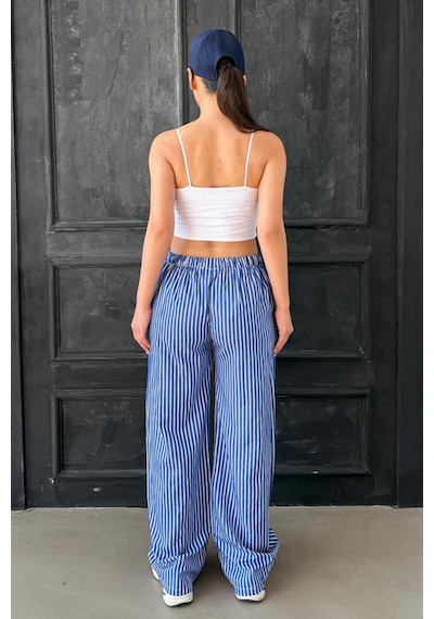 Madmext Lacivert Beli Ayarlanabilir Çizgili Cepli Bol Paça Kadın Pantolon Mg2312 Lacivert