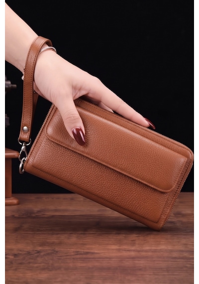 Vanilla Collection Kişiye Özel İsim Baskılı Kadın Deri El Portföyü Cüzdan Telefon Bölmeli Fermuarlı Taba Siyah