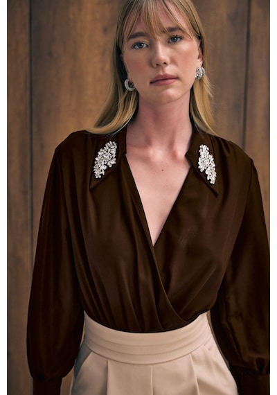 Sateen Aksesuar Detaylı Bodysuit Bluz - Kahve-136190 kahve