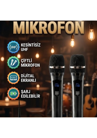 Çiftli Uhf Kablosuz El Mikrofonu Dijital Göstergeli Şarj Edilebilir Set