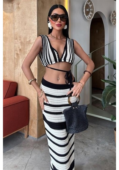 Moderie Butik Çizgili Bikini Üst Ve Etek Triko Takım 10110 Ekru