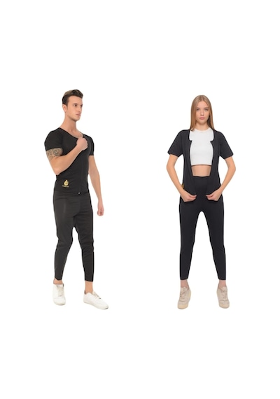 Incelme Terleten Termal Takım Fermuarlı Ve Tayt Terleme Kıyafeti Termal Sauna Kıyafeti Siyah