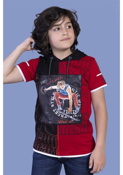 Toontoy Kids Toontoy Erkek Çocuk Garni Detaylı Kapüşonlu Baskılı Tişört Kırmızı