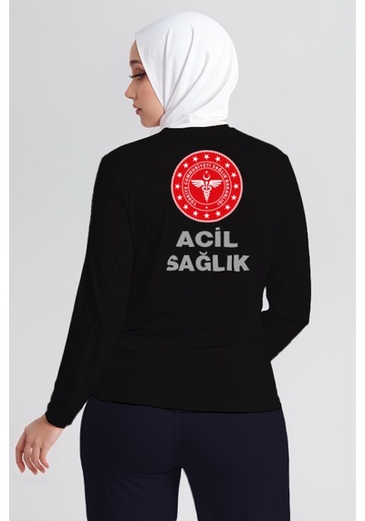 Siyah 112 Acil Sağlık Bisiklet Yaka Uzun Kollu Tişört Unisex