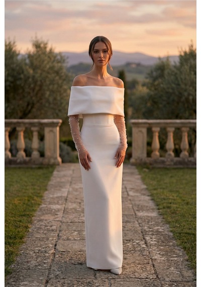 Berissima Bride Madonna Yaka Nikah Elbisesi, İnci Detaylı Kol, Maxi Yırtmaçlı Etek, Astra Kırık Beyaz Kırık Beyaz Berissima Bride Madonna Yaka Nikah Elbisesi, İnci Detaylı Kol, Maxi Yırtmaçlı Etek, Astra Kırık Beyaz Kırık Beyaz
